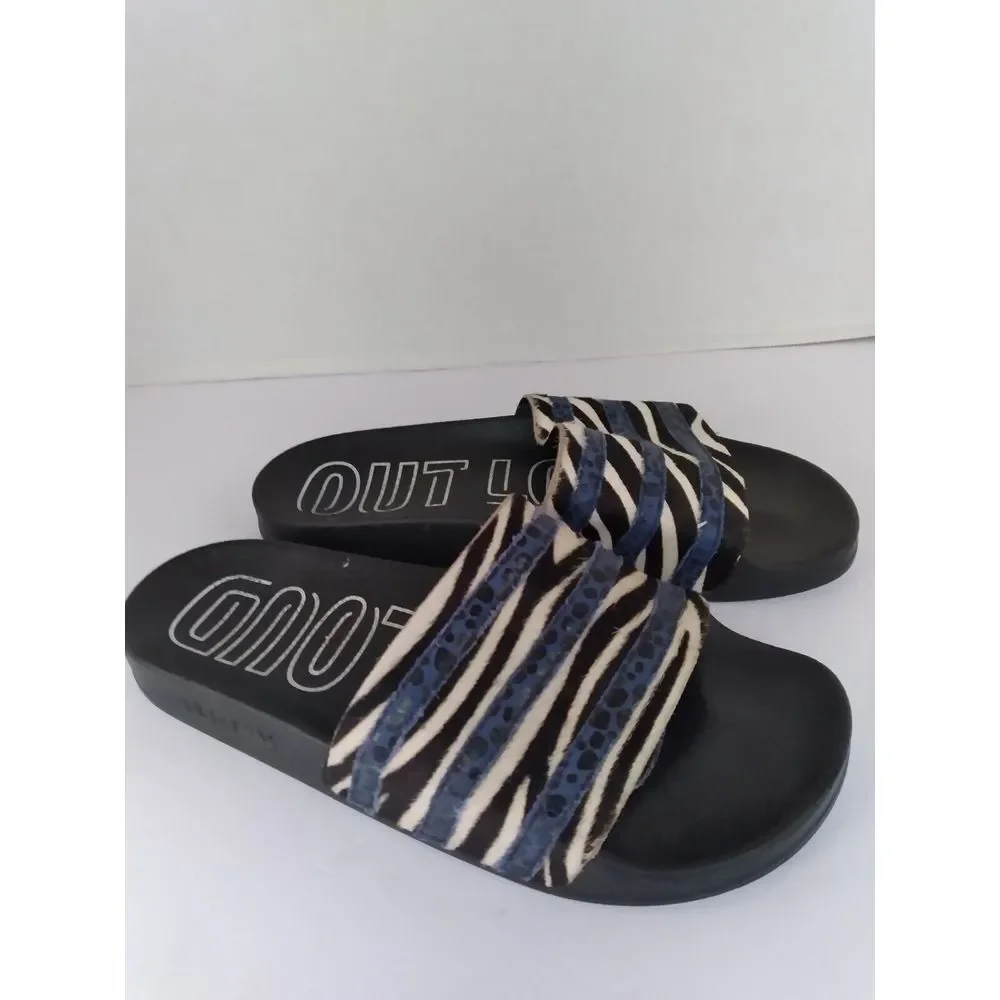 Slides Zebra Print Faux Fur Blue Accents‎ Sandals